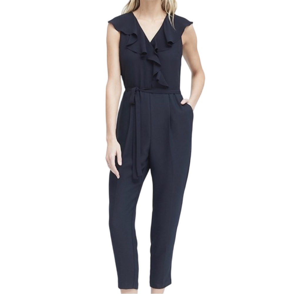 Banana Republic Women Ruffle V-Neck Cropped Jumpsuit Size 0 Navy Blue